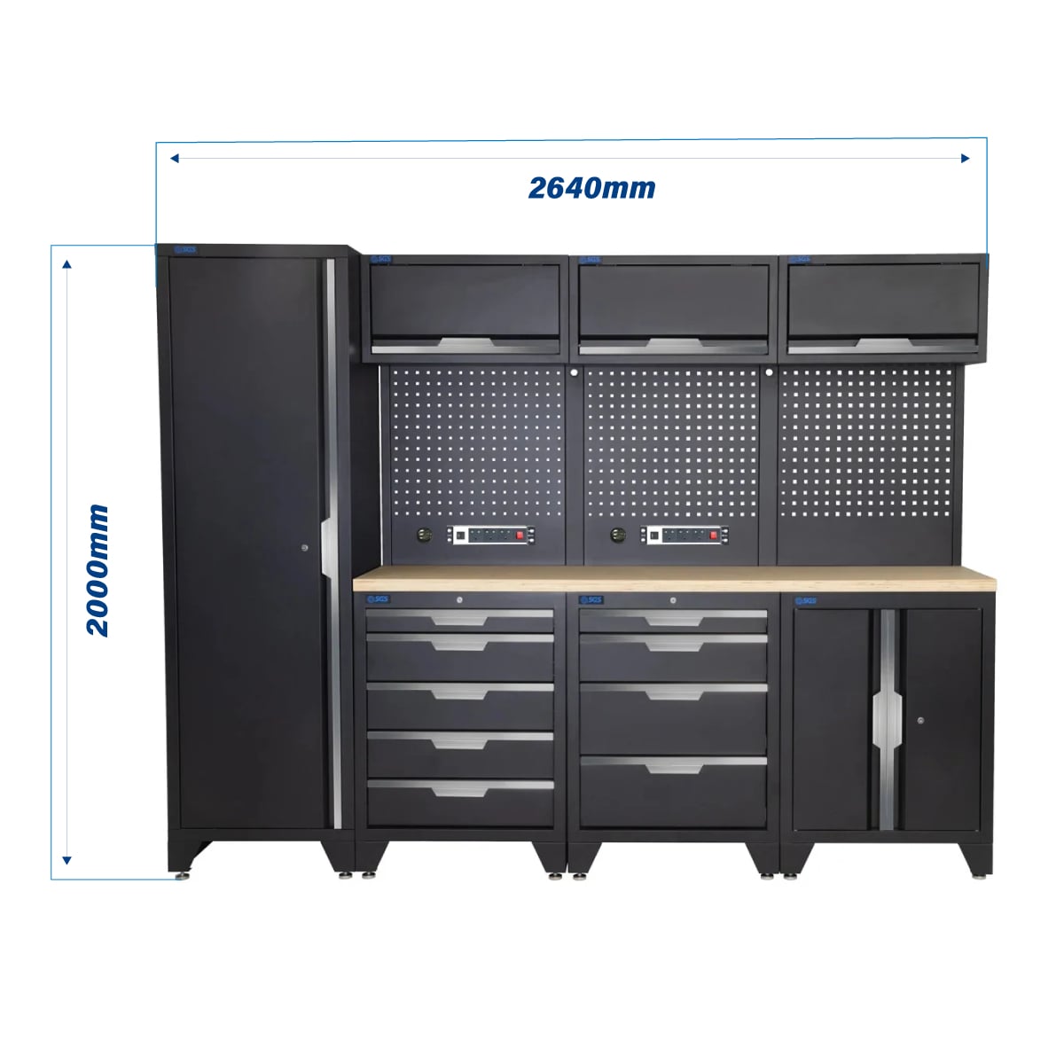SGS 10pc Modular Garage Storage | 9 Drawers | Plywood Worktop | Tall Single Cabinet | Floor Cabinet | 3x Upper Cabinets | 2x Pegboards with Power Strip